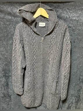 NWOT Irish Basket Knit L Merino Wool Zip Hoodie Sweater Gray